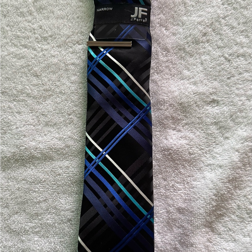 JF J.Ferrar‎ Black and Blue Striped Tie